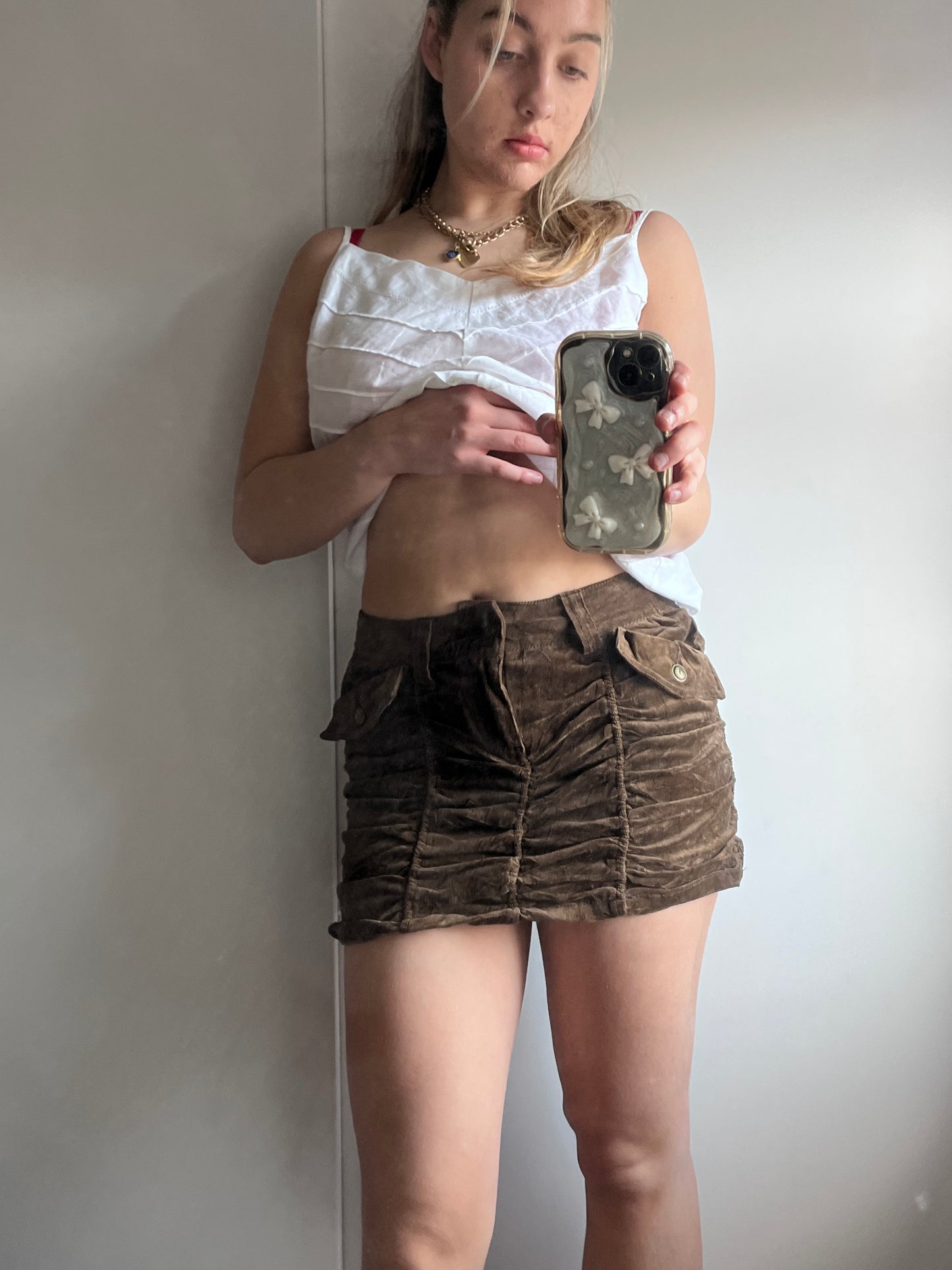 2000's vibe brown ruched mini skirt