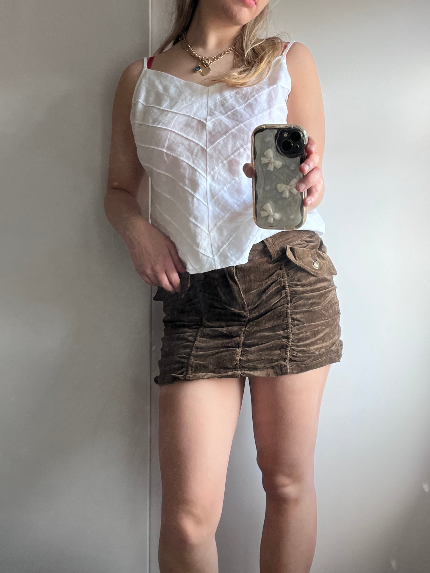 2000's vibe brown ruched mini skirt